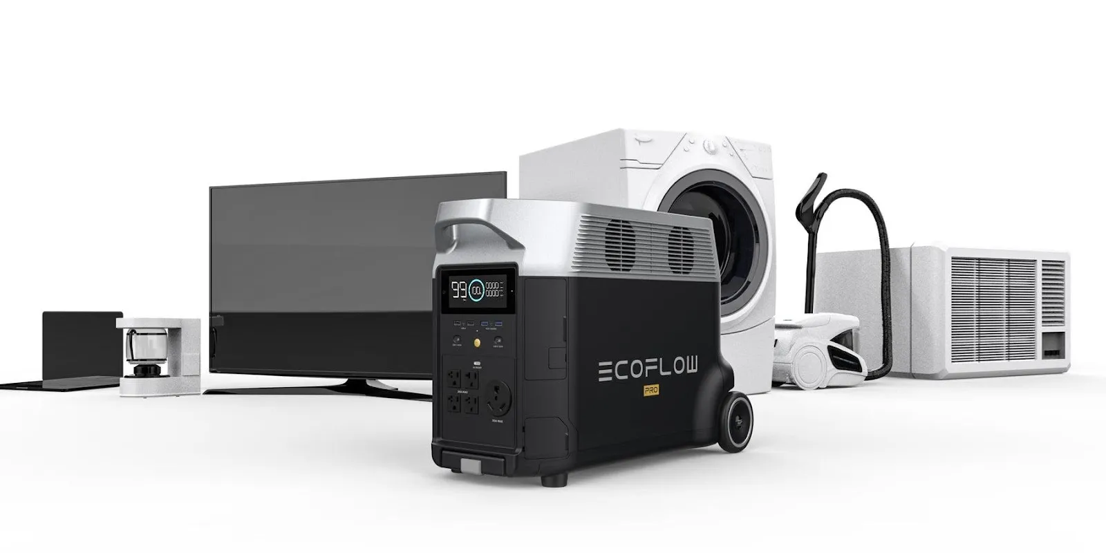 EcoFlow DELTA Pro מפעיל מכשירי חשמל כבדים - מזגן, מייבש, טלוויזיה ומחשב נייד בו-זמנית