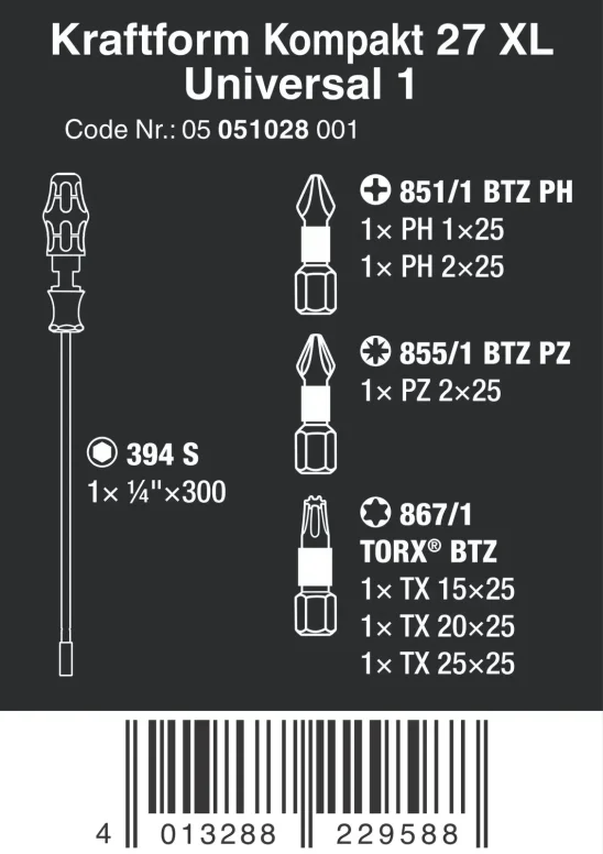 "סט 7 חלקים ידית מברג ארוכה 300 מ''מ + ביטים (טורקס, פוזידרייב, פיליפס) מבית WERA"