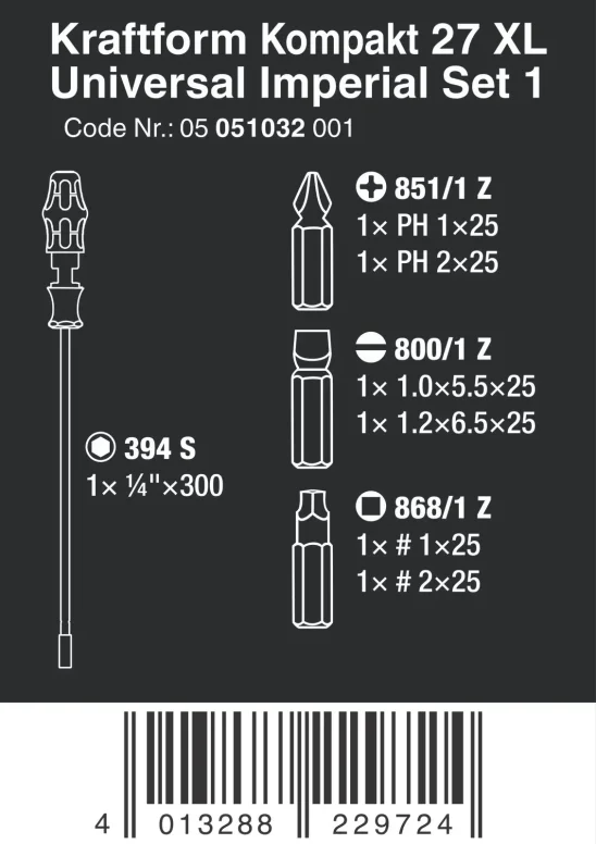 סט 7 חלקים ידית מברג ארוכה 300 מ''מ + ביטים (פיליפס, שטוח, ריבוע) מבית WERA