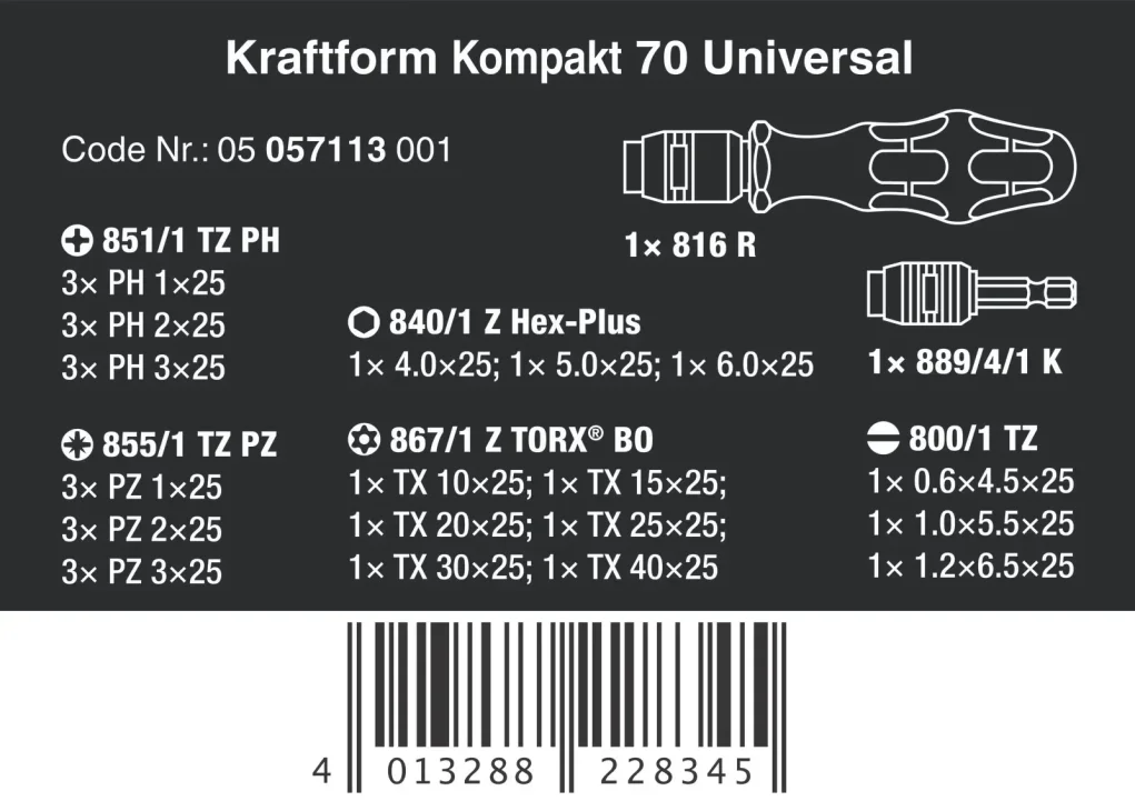 סט מברג + ביטים WERA KOMPACT70 בפאוץ