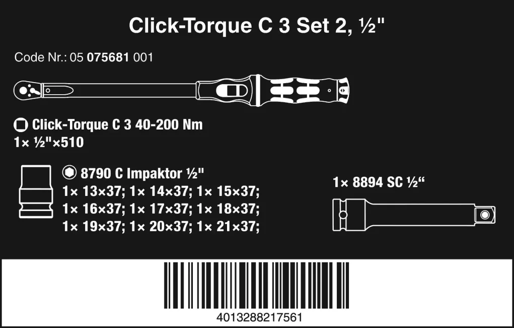 מפתח מומנט טורקמטר מתכוונן 40-200NM הינע ''1/2 +בוקסות שחורות בפאוצ' WERA