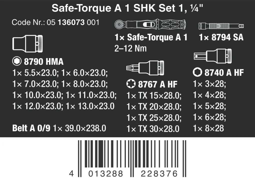 מפתח מומנט 2-12NM הינע 1/4 עם ביטול טורק WERA בפאוצ' (בוקסות רגילות +אלן+טורקס מ''מ)