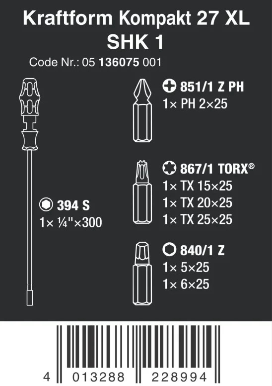 "סט 7 חלקים ידית מברג ארוכה 300 מ''מ + ביטים (פיליפס, טורקס, אלן) מבית WERA"