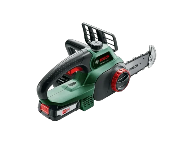 מסור שרשרת 18V נטען ירוק + סוללה 2.5AH + מטען BOSCH לגיזום וחיתוך עץ
