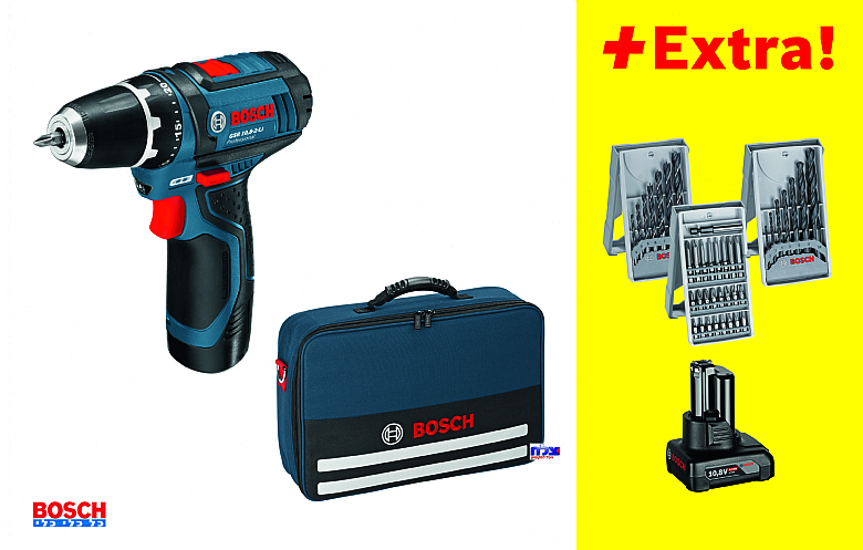 מברגה-מקדחה נטענת 12V סוללות 2Ah+4Ah + אביזרים GSR 12V-15 BOSCH