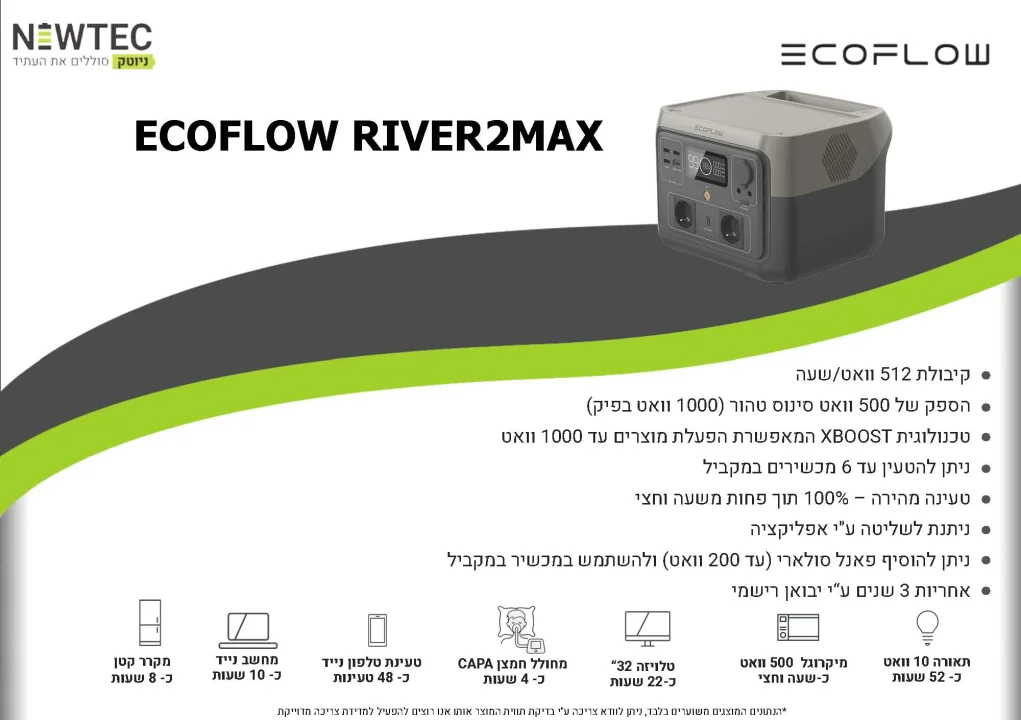 תחנת כח ניידת 2 ECOFLOW RIVER MAX דגם LIFEPO4 קיבולת 0.512Kwh -הספק 0.5-1KW טעינה מהירה