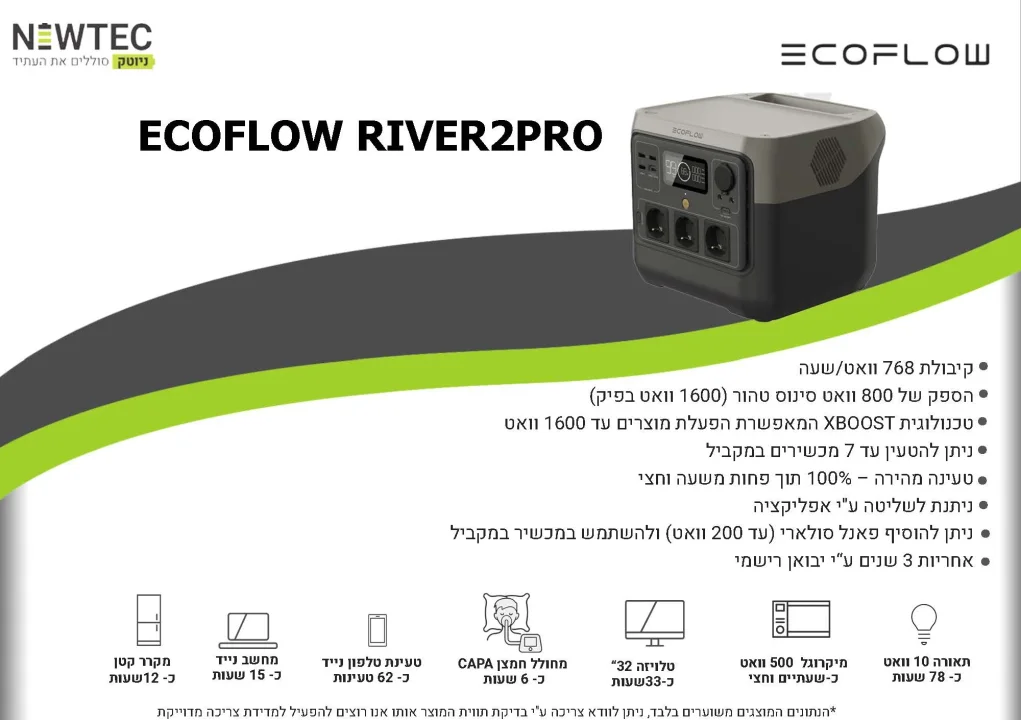 תחנת כח ניידת 2 ECOFLOW RIVER PRO דגם LIFEPO4 קיבולת 0.768Kwh -הספק 0.8-1.6KW טעינה מהירה