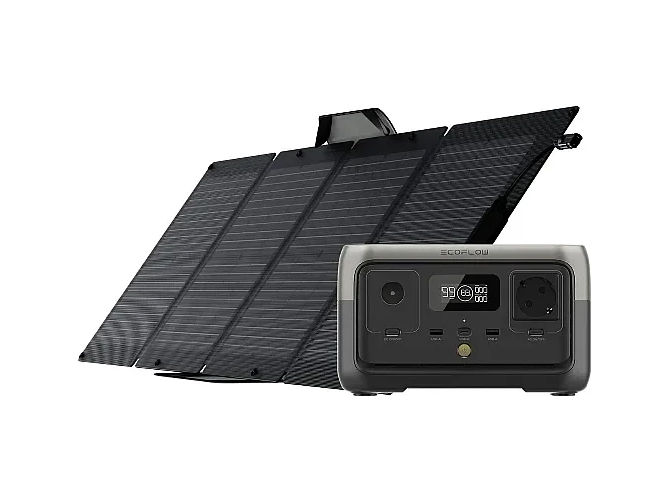 קיט סולארי ECOFLOW - תחנת כח RIVER2 LIFEPO4 קיבולת 0.256Kwh -הספק 0.3-06KW טעינה מהירה פאנל סולארי