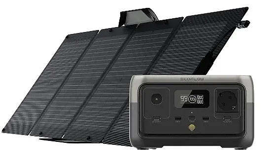 קיט סולארי ECOFLOW - תחנת כח RIVER2 LIFEPO4 קיבולת 0.256Kwh -הספק 0.3-06KW טעינה מהירה פאנל סולארי