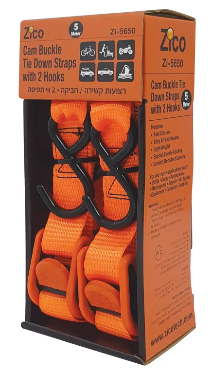 זוג רצועות קשירה / חביקה מקצועית + ווי תפיסה 5 מטר זיקו דגם 5650