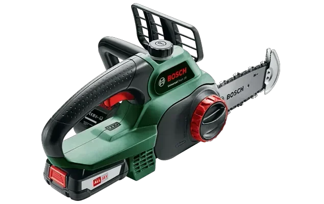 מסור שרשרת 18V נטען ירוק + סוללה 2.5AH + מטען BOSCH לגיזום וחיתוך עץ