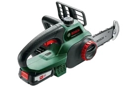 מסור שרשרת 18V נטען ירוק + סוללה 2.5AH + מטען BOSCH לגיזום וחיתוך עץ